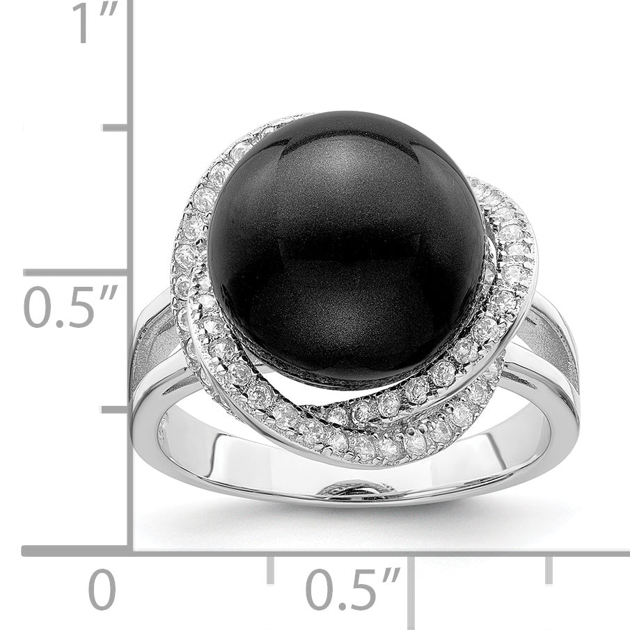 Majestik Sterling Silver Rhodium-plated Size 6 12-13mm Black Imitation Shell Pearl and CZ Ring