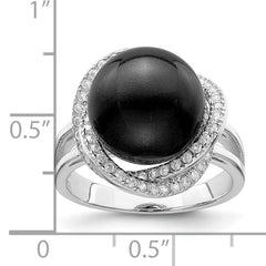 Majestik Sterling Silver Rhodium-plated Size 6 12-13mm Black Imitation Shell Pearl and CZ Ring