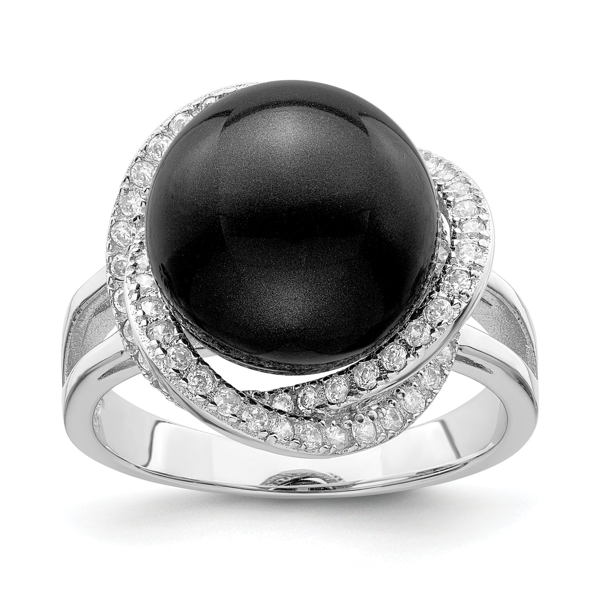 Majestik Sterling Silver Rhodium-plated Size 8 12-13mm Black Imitation Shell Pearl and CZ Ring