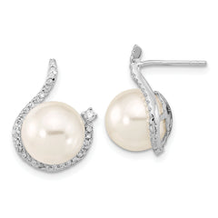 Majestik Sterling Silver Rhodium-plated 10-12mm White Imitation Shell Pearl and CZ Earrings and Spring Ring Clasp 17 inch Necklace Set