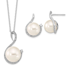 Majestik Sterling Silver Rhodium-plated 10-12mm White Imitation Shell Pearl and CZ Earrings and Spring Ring Clasp 17 inch Necklace Set