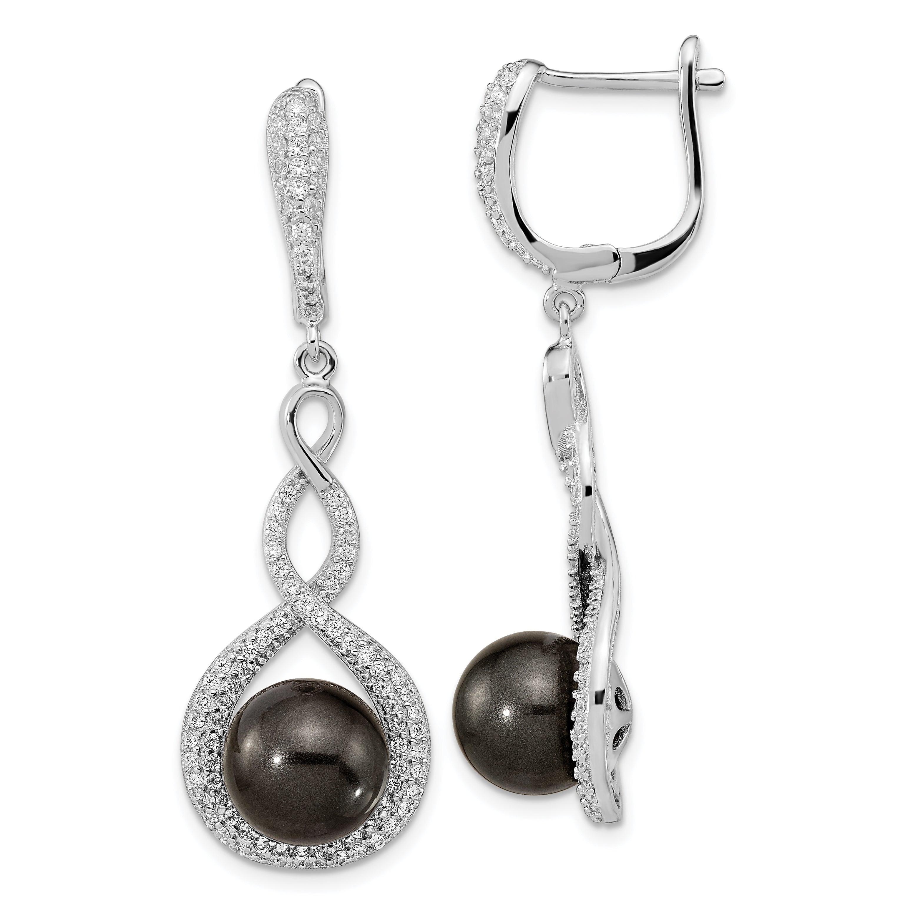 Majestik Sterling Silver Rhodium-plated 10-12mm Black Imitation Shell Pearl and CZ Earrings and Spring Ring Clasp 17 inch Necklace Set