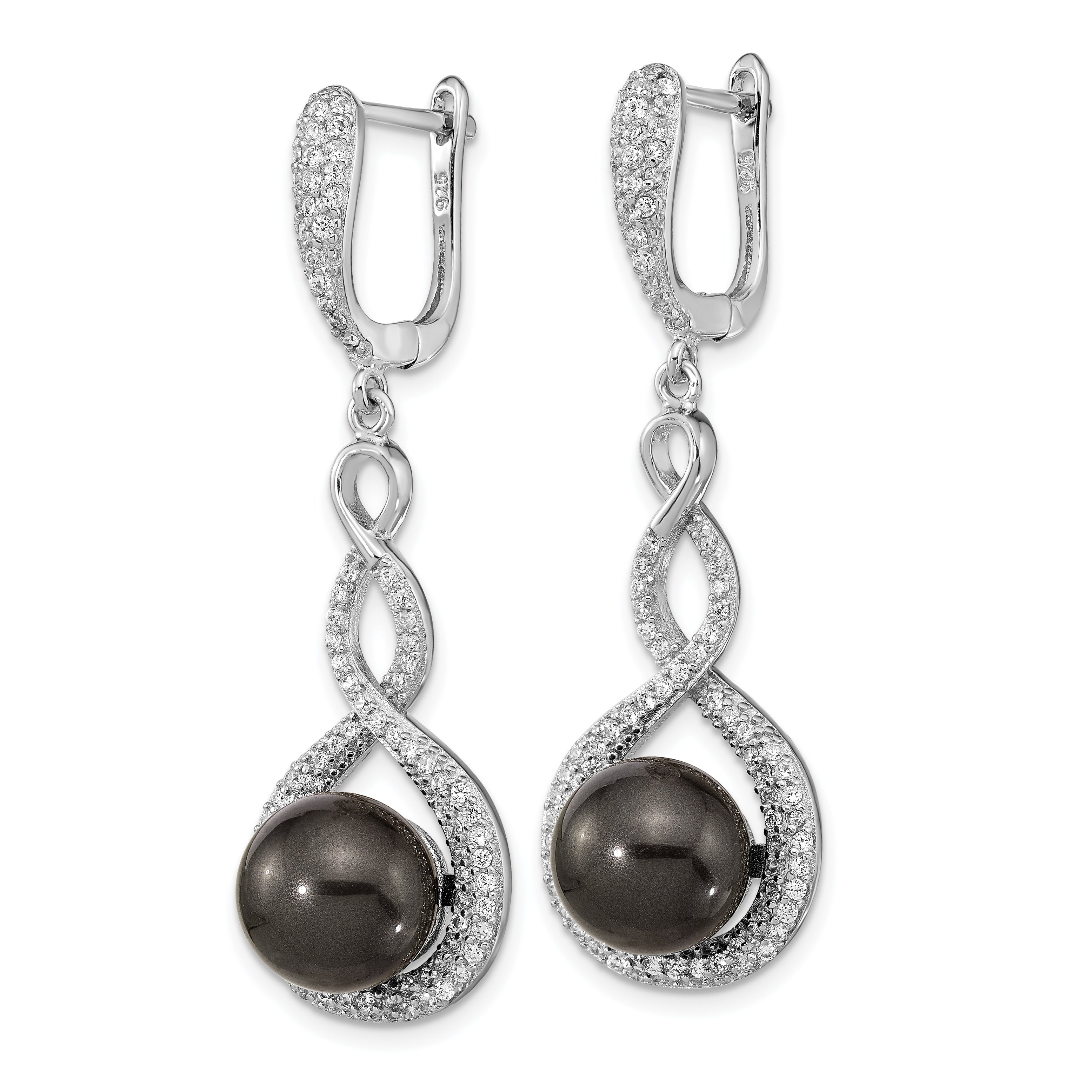 Majestik Sterling Silver Rhodium-plated 10-12mm Black Imitation Shell Pearl and CZ Earrings and Spring Ring Clasp 17 inch Necklace Set