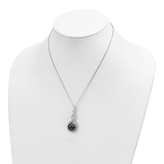 Majestik Sterling Silver Rhodium-plated 10-12mm Black Imitation Shell Pearl and CZ Earrings and Spring Ring Clasp 17 inch Necklace Set