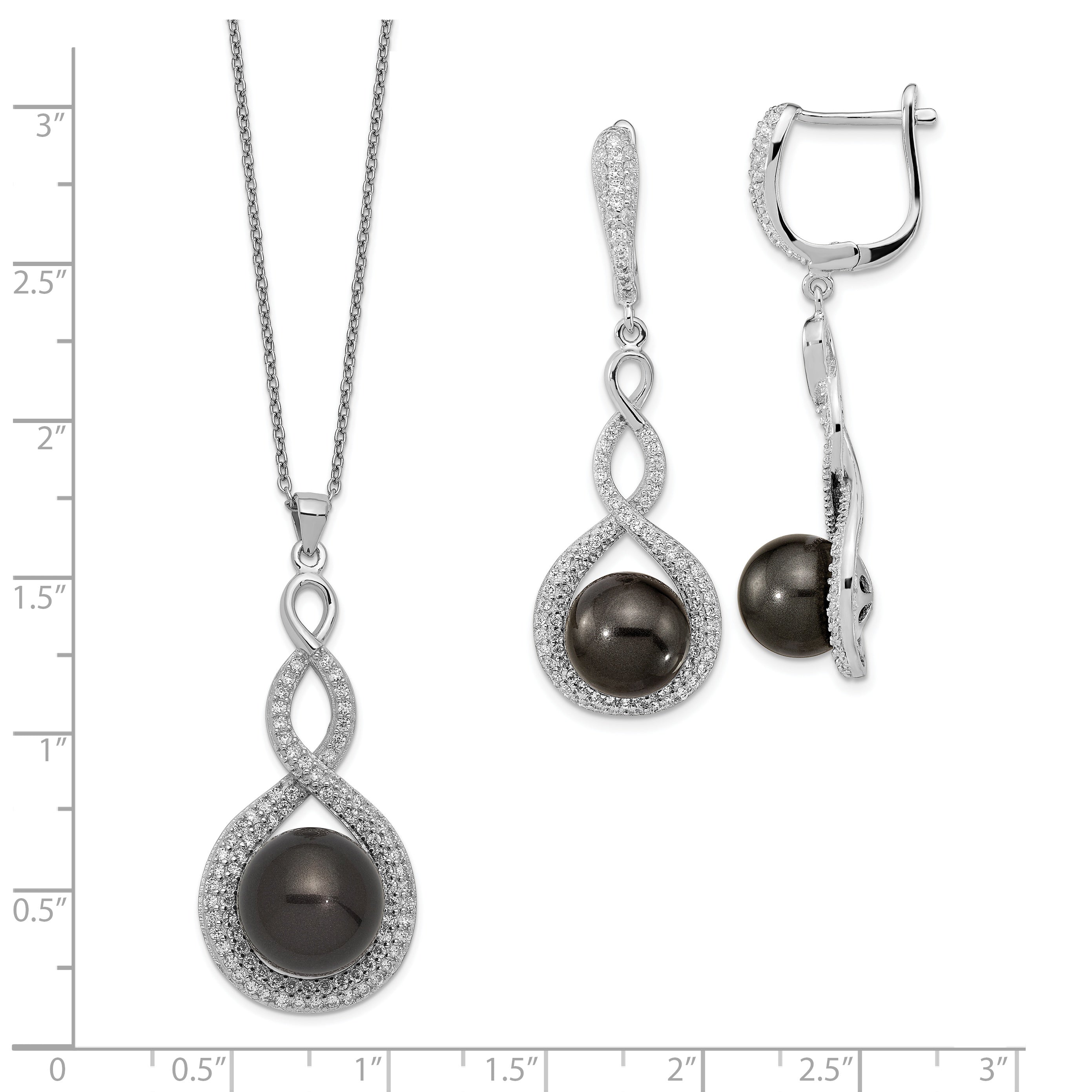 Majestik Sterling Silver Rhodium-plated 10-12mm Black Imitation Shell Pearl and CZ Earrings and Spring Ring Clasp 17 inch Necklace Set