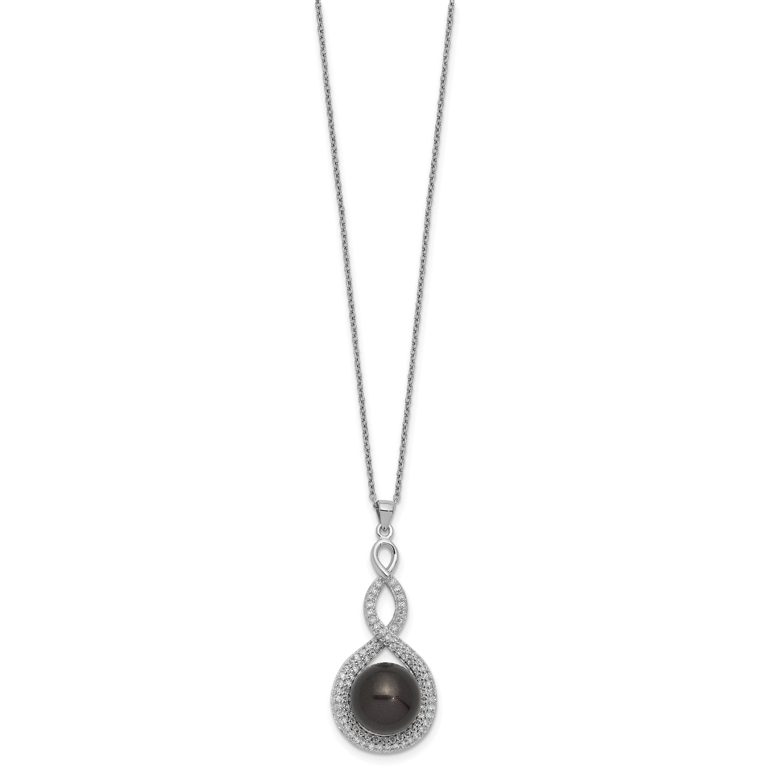 Majestik Sterling Silver Rhodium-plated 10-12mm Black Imitation Shell Pearl and CZ Earrings and Spring Ring Clasp 17 inch Necklace Set