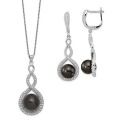 Majestik Sterling Silver Rhodium-plated 10-12mm Black Imitation Shell Pearl and CZ Earrings and Spring Ring Clasp 17 inch Necklace Set