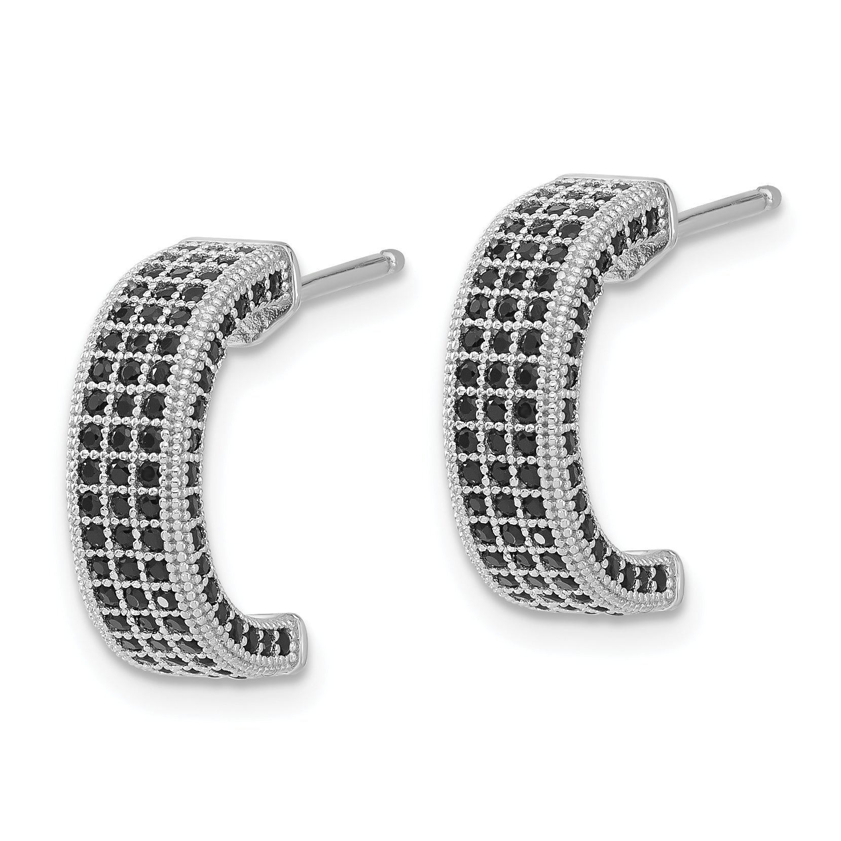 Sterling Silver Black CZ C-Hoop Earrings with Polished Rhodium Finish