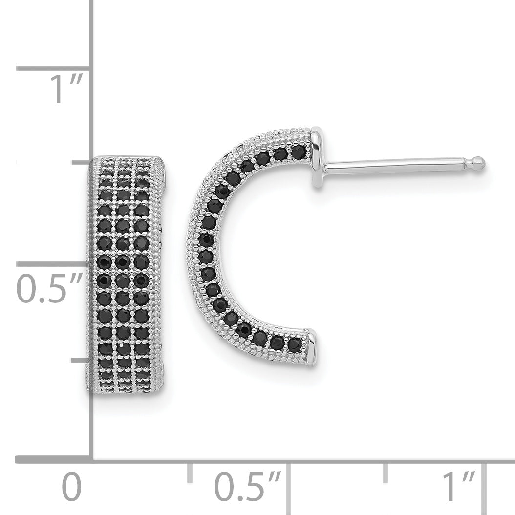 Sterling Silver Black CZ C-Hoop Earrings with Polished Rhodium Finish