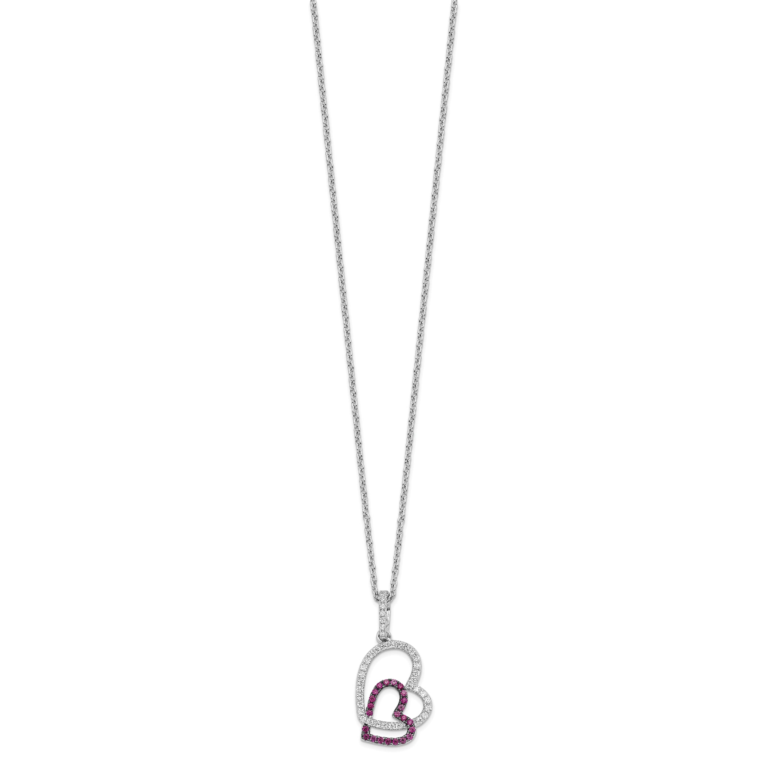 Brilliant Embers Sterling Silver Rhodium-plated 62 Stone 18 inch Micro Pav‚ Red and White CZ Heart Necklace with 2 Inch Extender