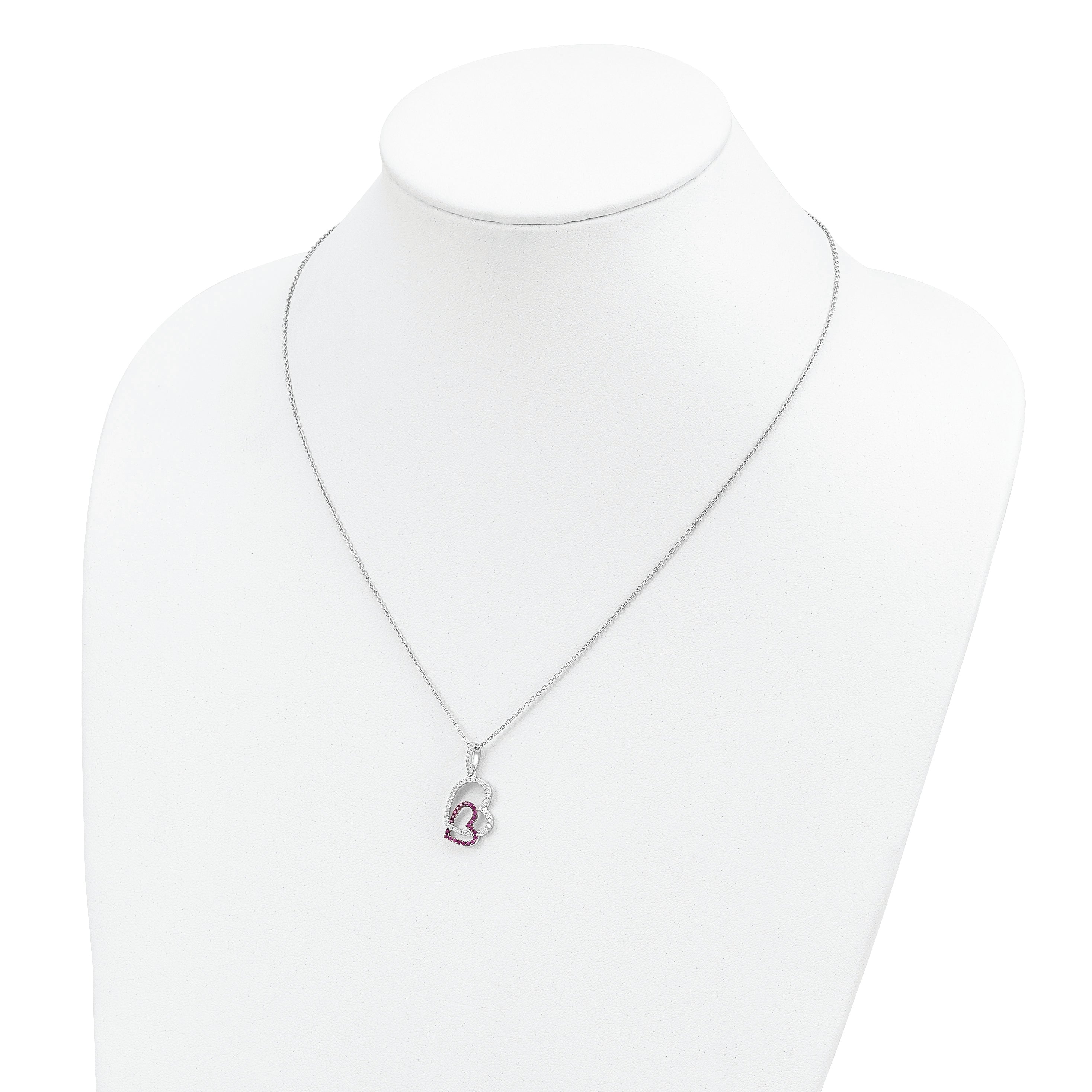 Brilliant Embers Sterling Silver Rhodium-plated 62 Stone 18 inch Micro Pav‚ Red and White CZ Heart Necklace with 2 Inch Extender