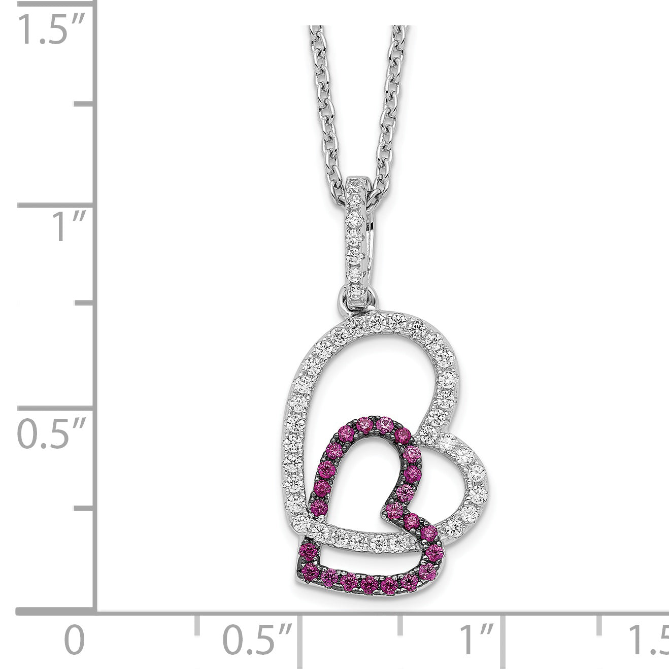 Brilliant Embers Sterling Silver Rhodium-plated 62 Stone 18 inch Micro Pav‚ Red and White CZ Heart Necklace with 2 Inch Extender