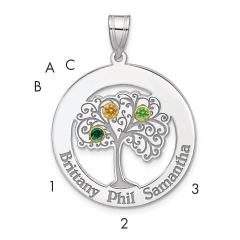 Sterling Silver/Rhod-plated 3 Birthstone with 14k Bezel Family Pendant