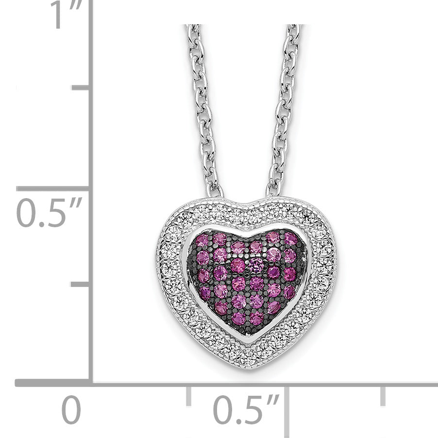 Brilliant Embers Sterling Silver Rhodium-plated 112 Stone 18 inch with 2 inch extender Lobster Clasp Micro Pav‚ Red and White CZ Heart Necklace with 2 Inch Extender