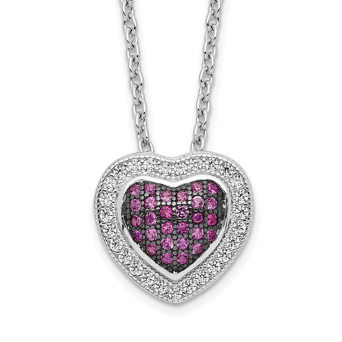 Brilliant Embers Sterling Silver Rhodium-plated 112 Stone 18 inch with 2 inch extender Lobster Clasp Micro Pav‚ Red and White CZ Heart Necklace with 2 Inch Extender