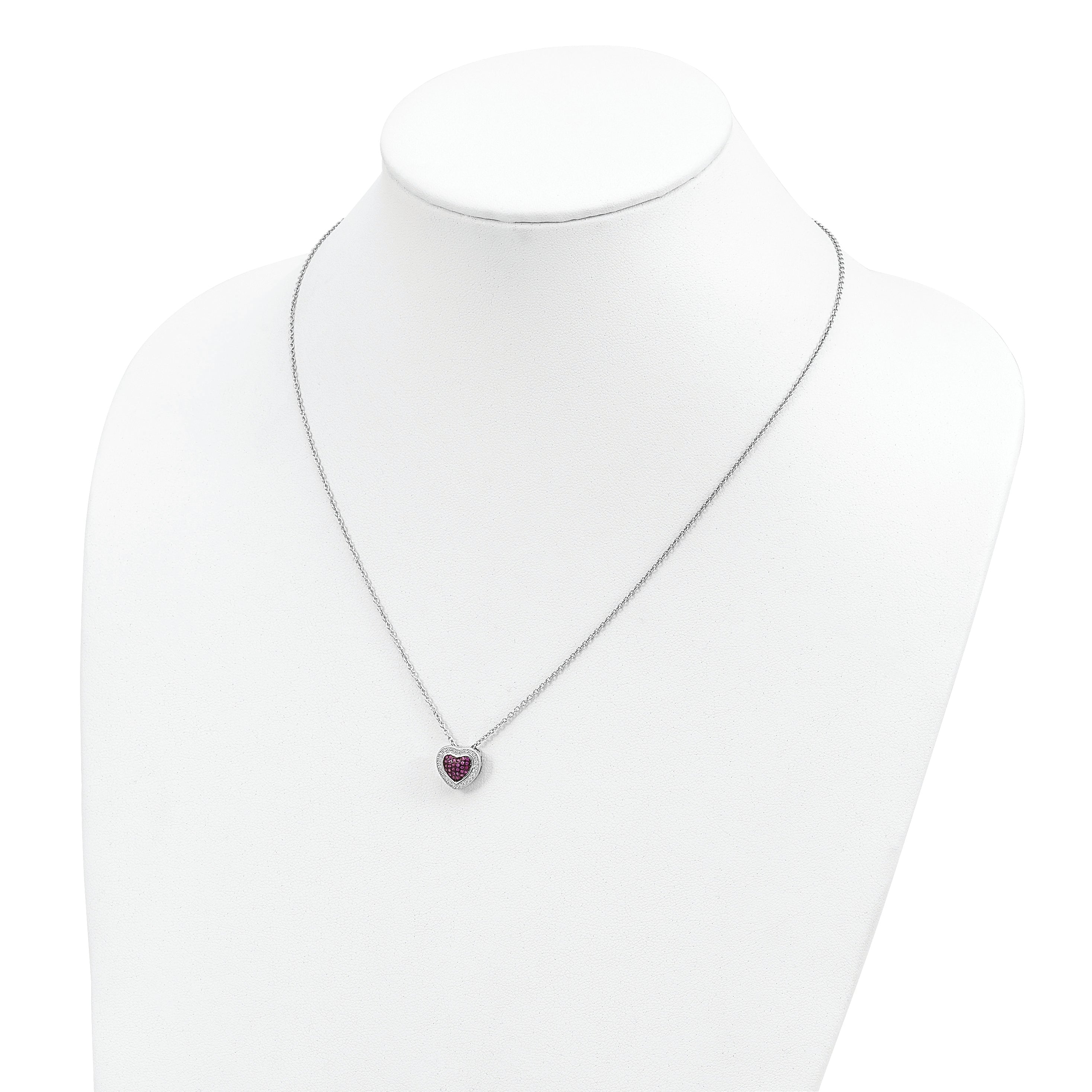 Brilliant Embers Sterling Silver Rhodium-plated 112 Stone 18 inch with 2 inch extender Lobster Clasp Micro Pav‚ Red and White CZ Heart Necklace with 2 Inch Extender