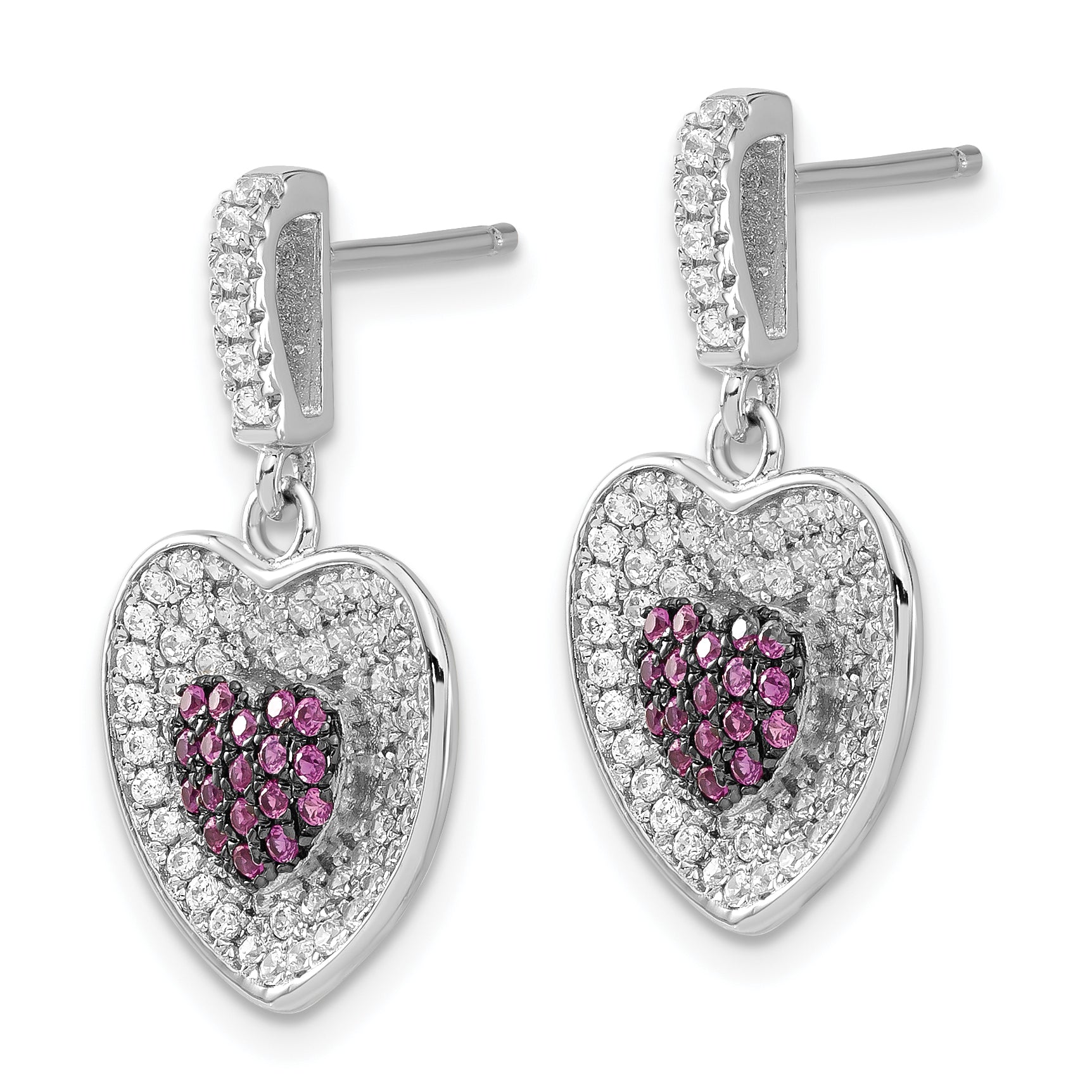 Sterling Silver Brilliant Embers Pink & Clear Heart Dangle Post Earrings