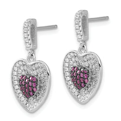 Sterling Silver Brilliant Embers Pink & Clear Heart Dangle Post Earrings