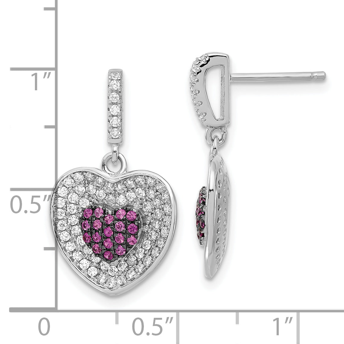 Sterling Silver Brilliant Embers Pink & Clear Heart Dangle Post Earrings