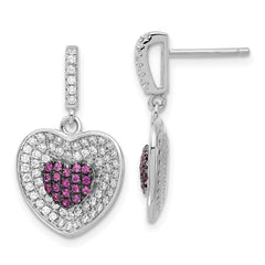 Sterling Silver Brilliant Embers Pink & Clear Heart Dangle Post Earrings