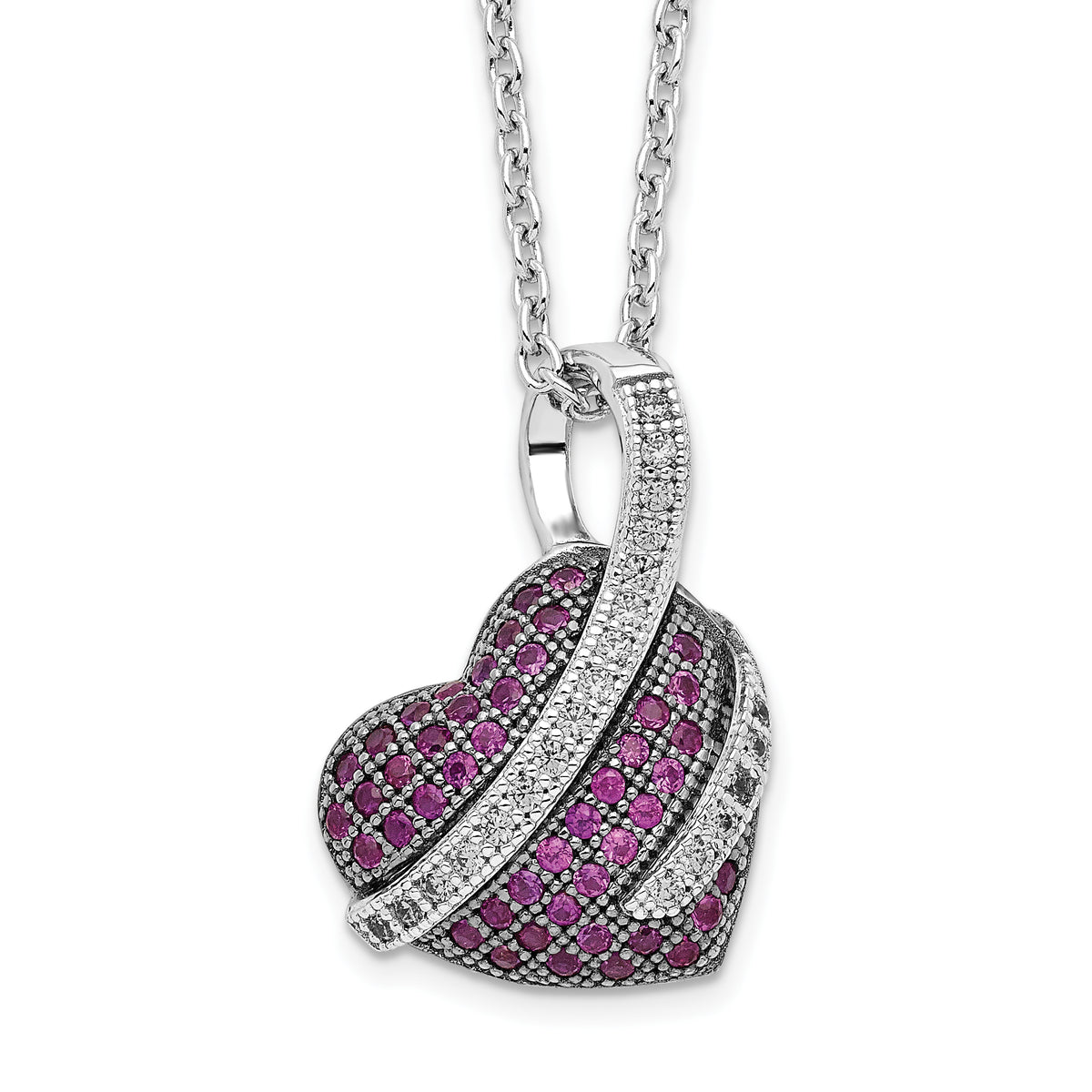 Brilliant Embers Sterling Silver Rhodium-plated 68 Stone 18 inch Micro Pav‚ Pink and White CZ Heart Necklace with 2 Inch Extender