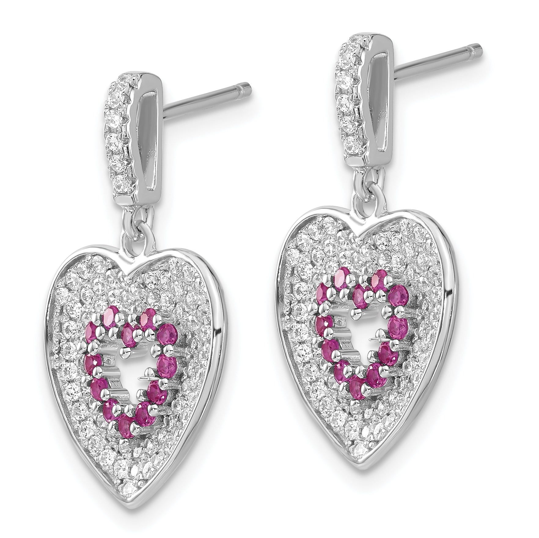 Sterling Silver Brilliant Embers Pink & Clear CZ Heart Dangle Post Earrings