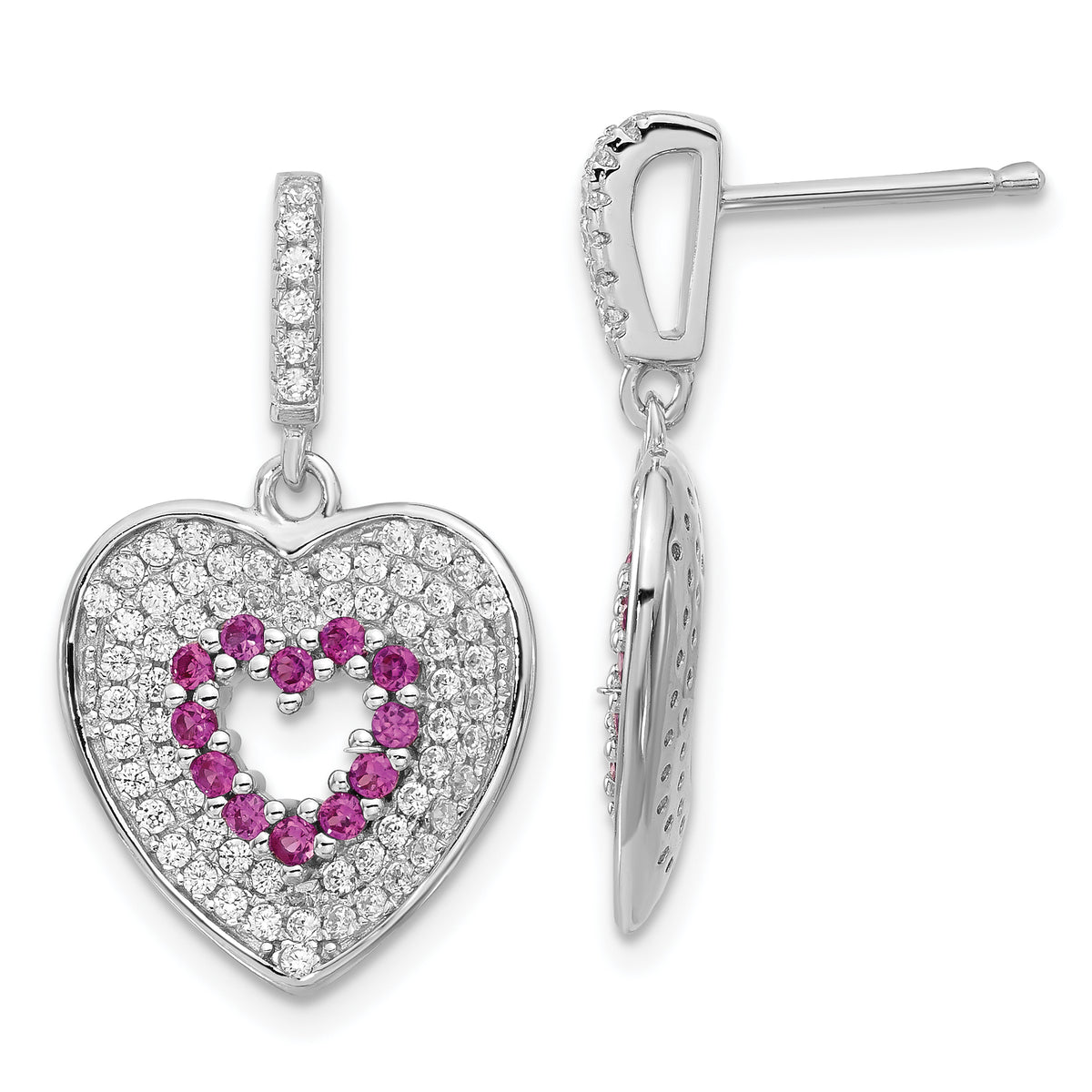 Sterling Silver Brilliant Embers Pink & Clear CZ Heart Dangle Post Earrings