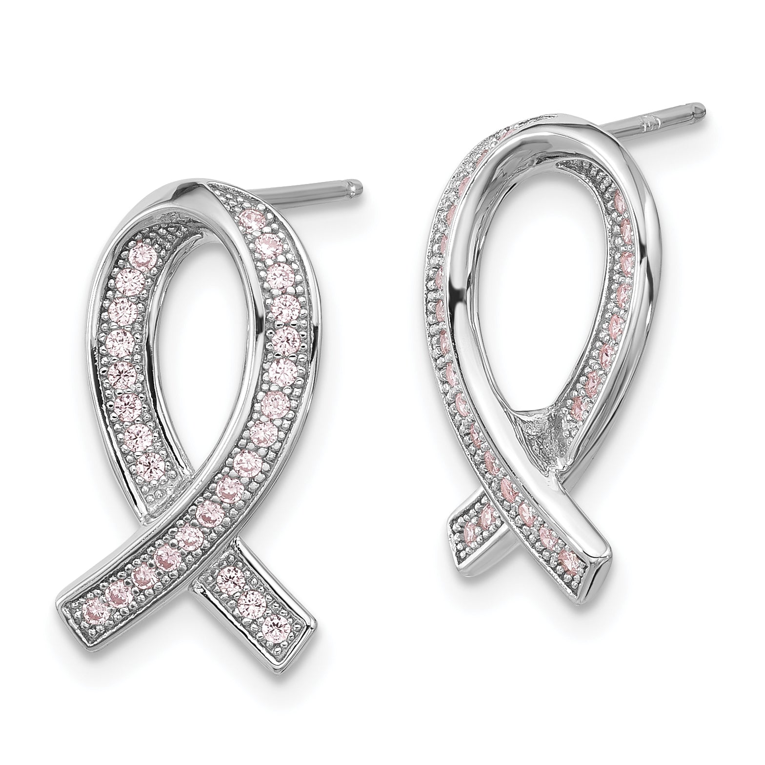 Brilliant Embers Sterling Silver Rhodium-plated 52 Stone Micro Pav‚ Pink CZ Awareness Ribbon Post Earrings