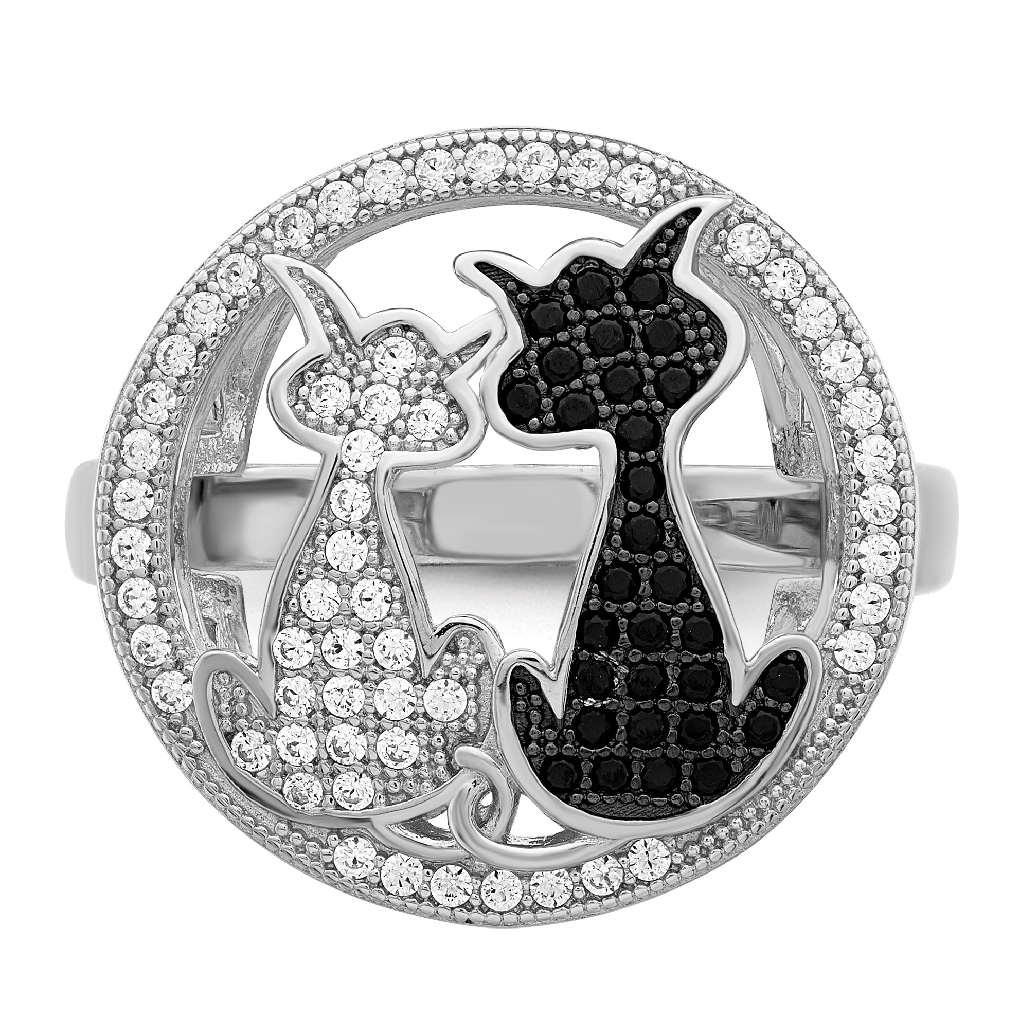 Brilliant Embers Sterling Silver Rhodium-plated 87 Stone Micro Pav‚ Black and White CZ Polished Cat Ring