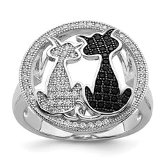 Brilliant Embers Sterling Silver Rhodium-plated 87 Stone Micro Pav‚ Black and White CZ Polished Cat Ring