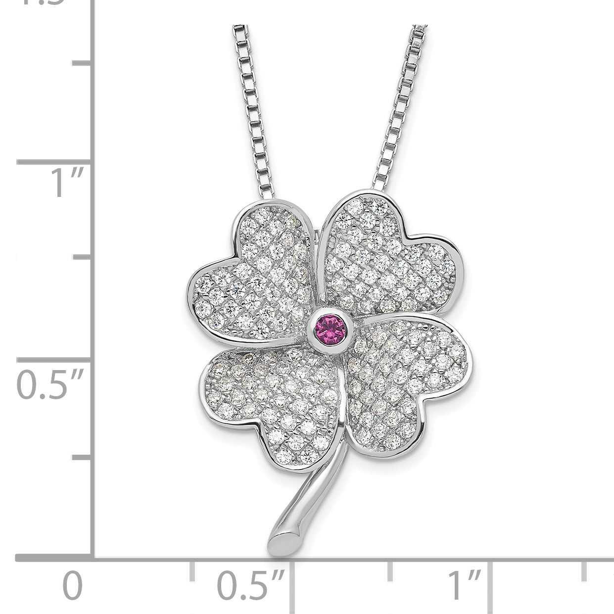 Sterling Silver Rhodium CZ & Red Corundum Four Leaf Clover Necklace