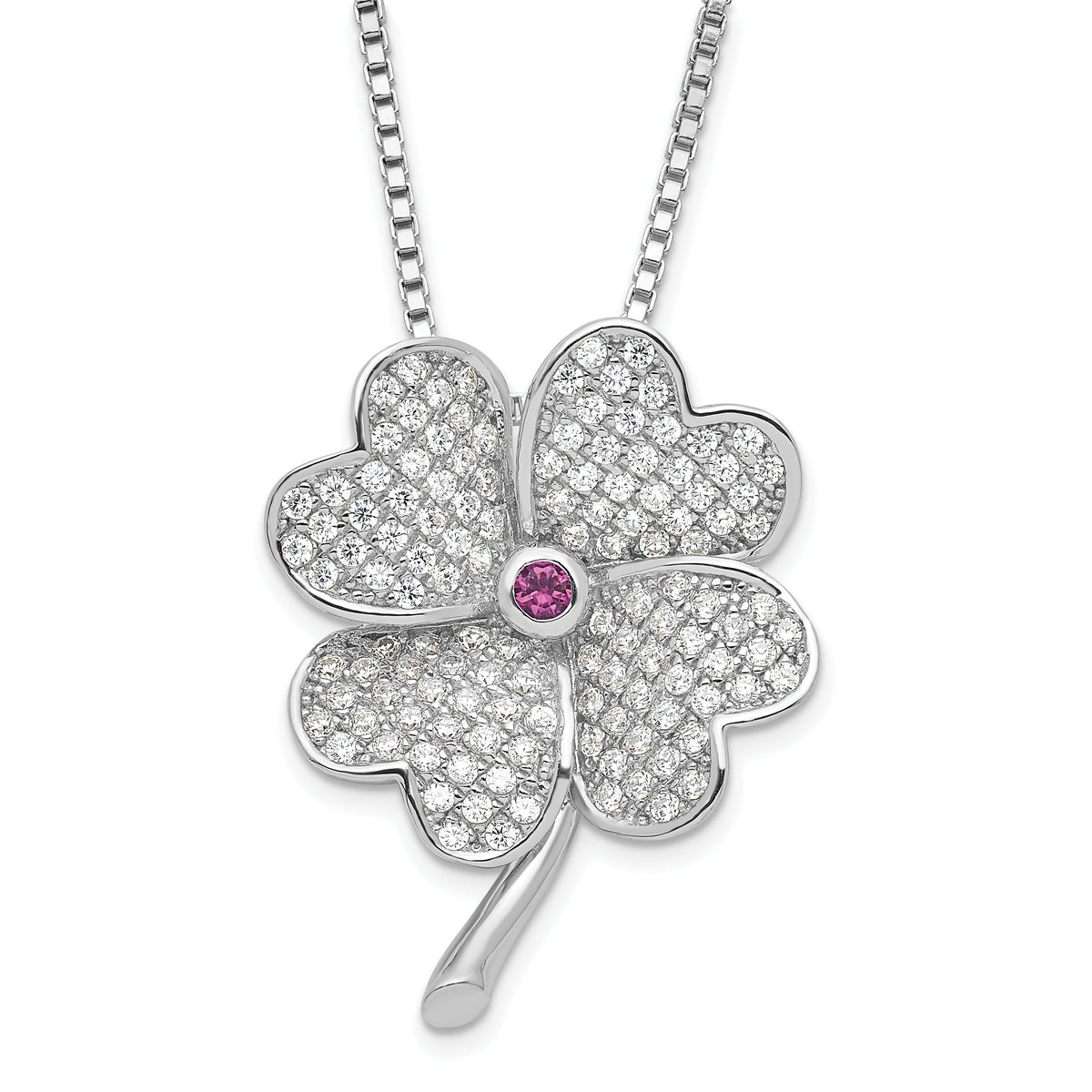 Sterling Silver Rhodium CZ & Red Corundum Four Leaf Clover Necklace