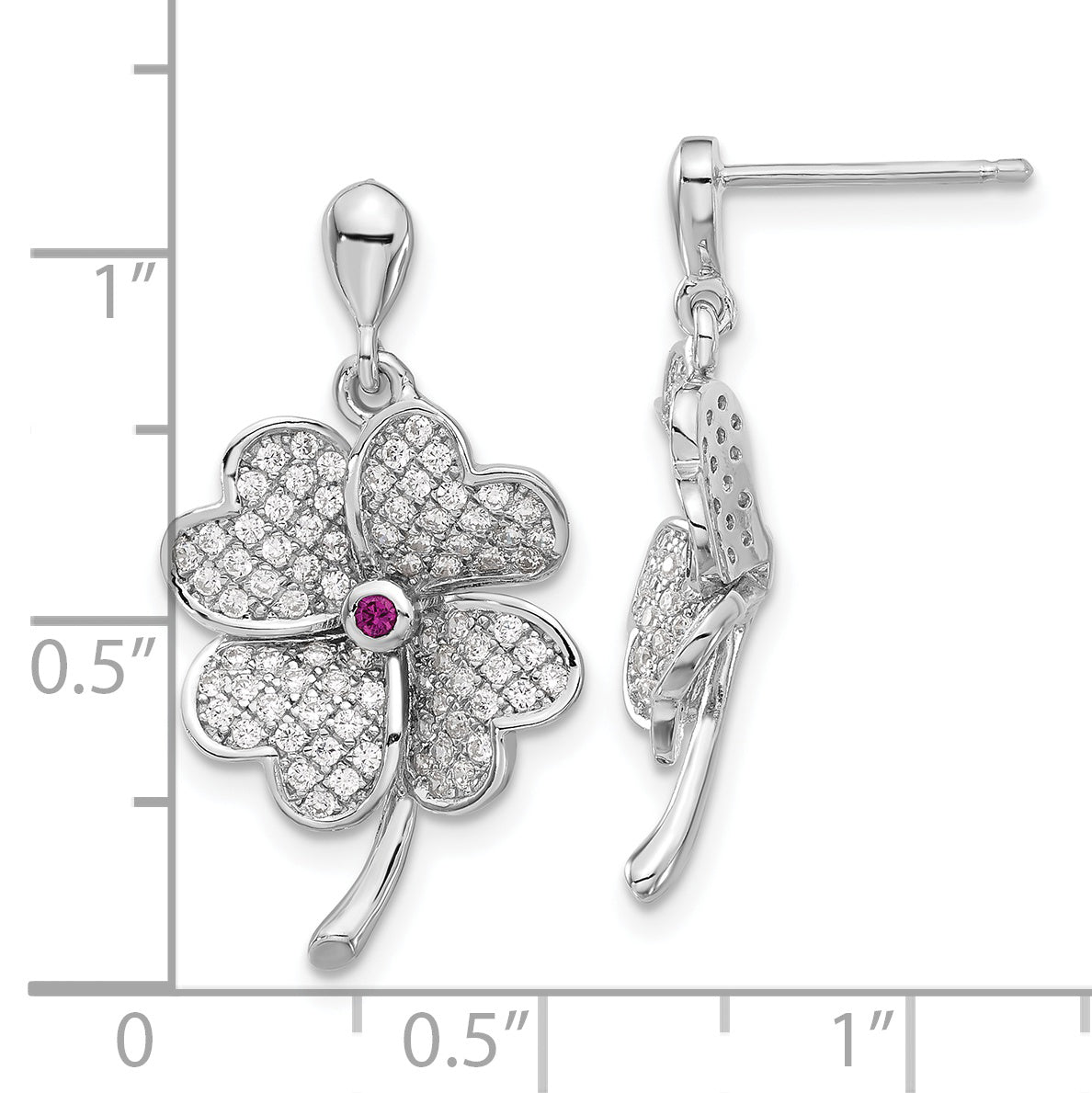 Sterling Silver Rhod-plated CZ & Red Corundum Four Leaf Clover Earrings