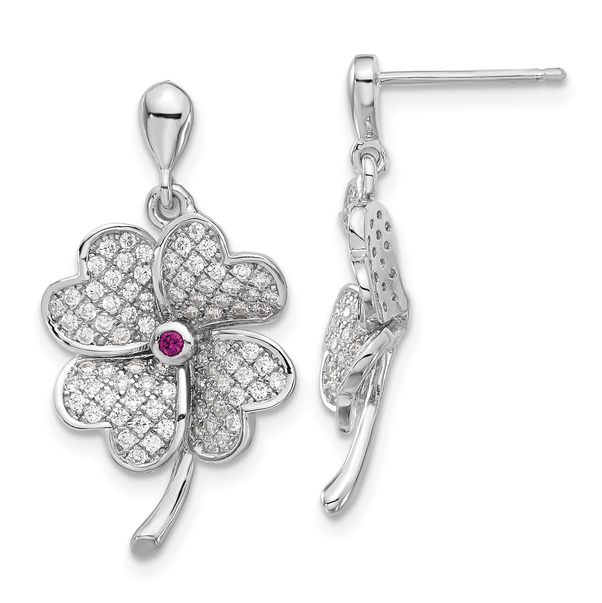 Sterling Silver Rhod-plated CZ & Red Corundum Four Leaf Clover Earrings