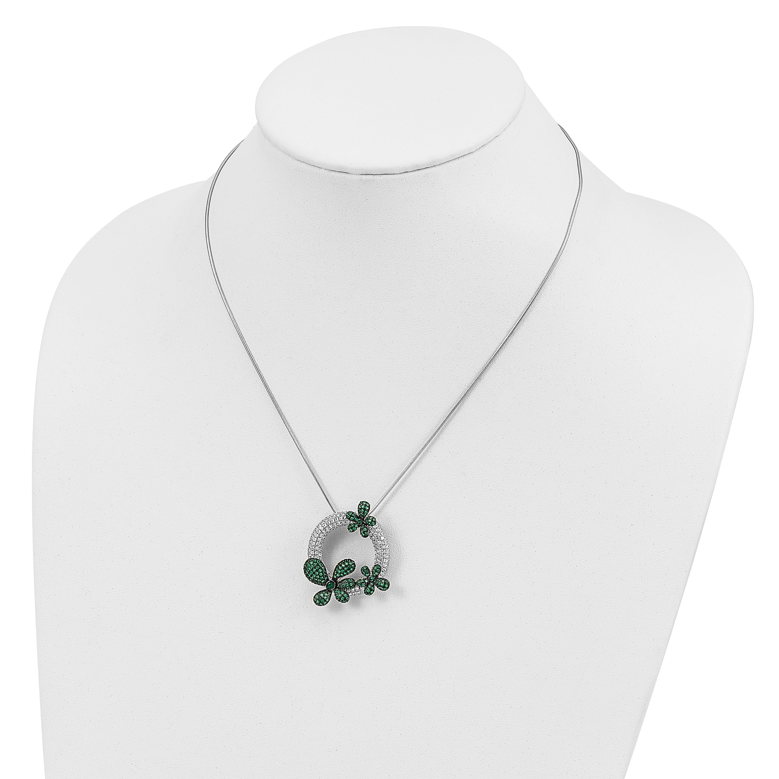 Brilliant Embers Sterling Silver Flower Necklace with White and Green CZ