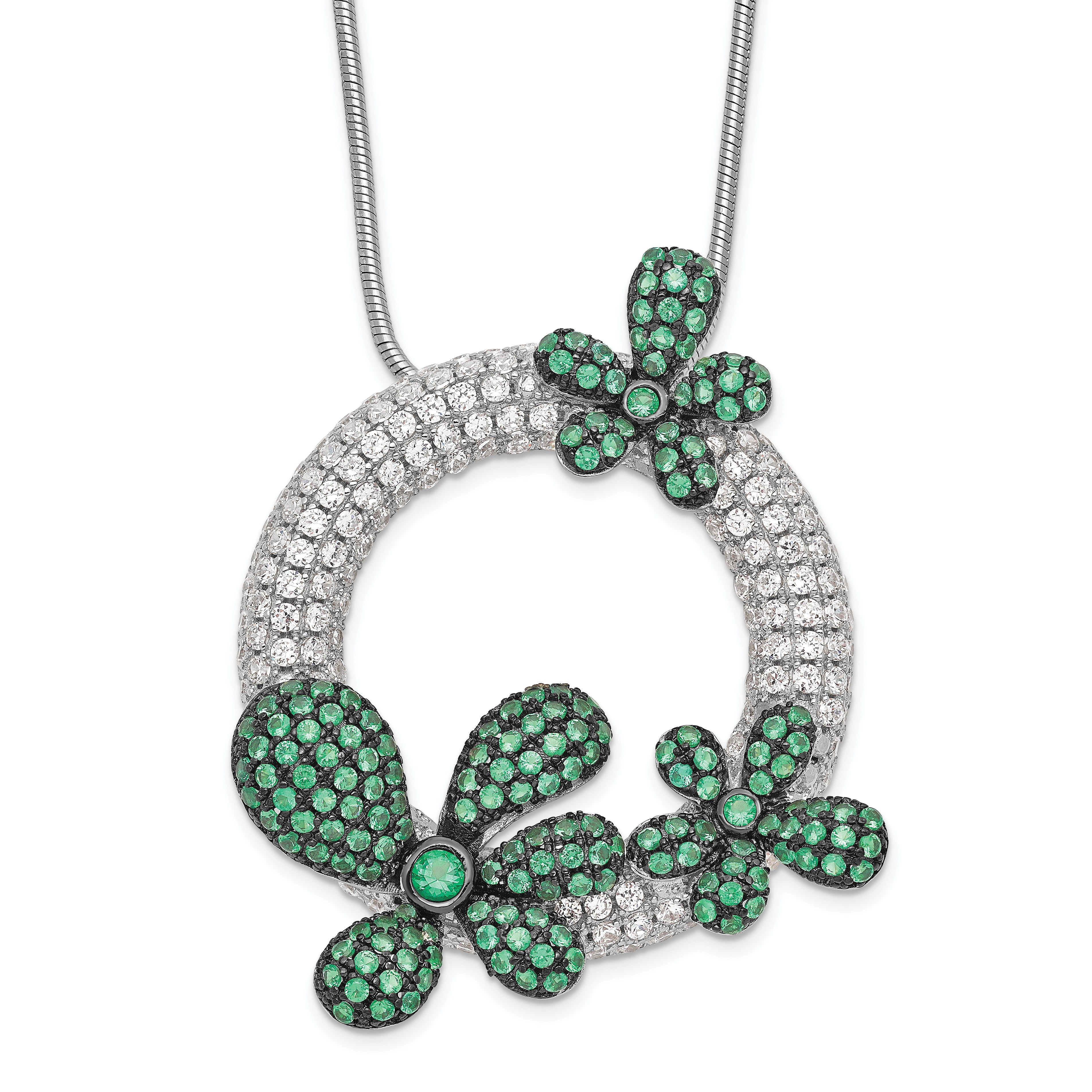 Brilliant Embers Sterling Silver Rhodium-plated 327 Stone 18 inch Micro Pav‚ White and Green CZ Flower Necklace with 2 Inch Extender