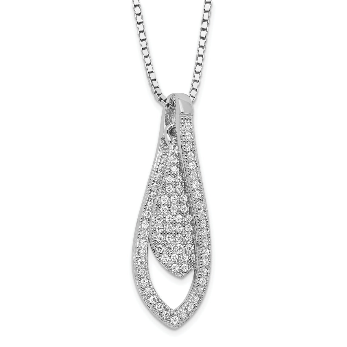 Brilliant Embers Sterling Silver Rhodium-Plated Polished CZ Teardrop w/ 2in ext Necklace