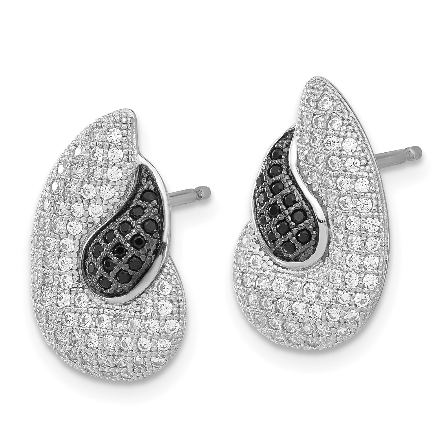 Sterling Silver True Fire Polished Black & Clear CZ Teardrops Post Earrings