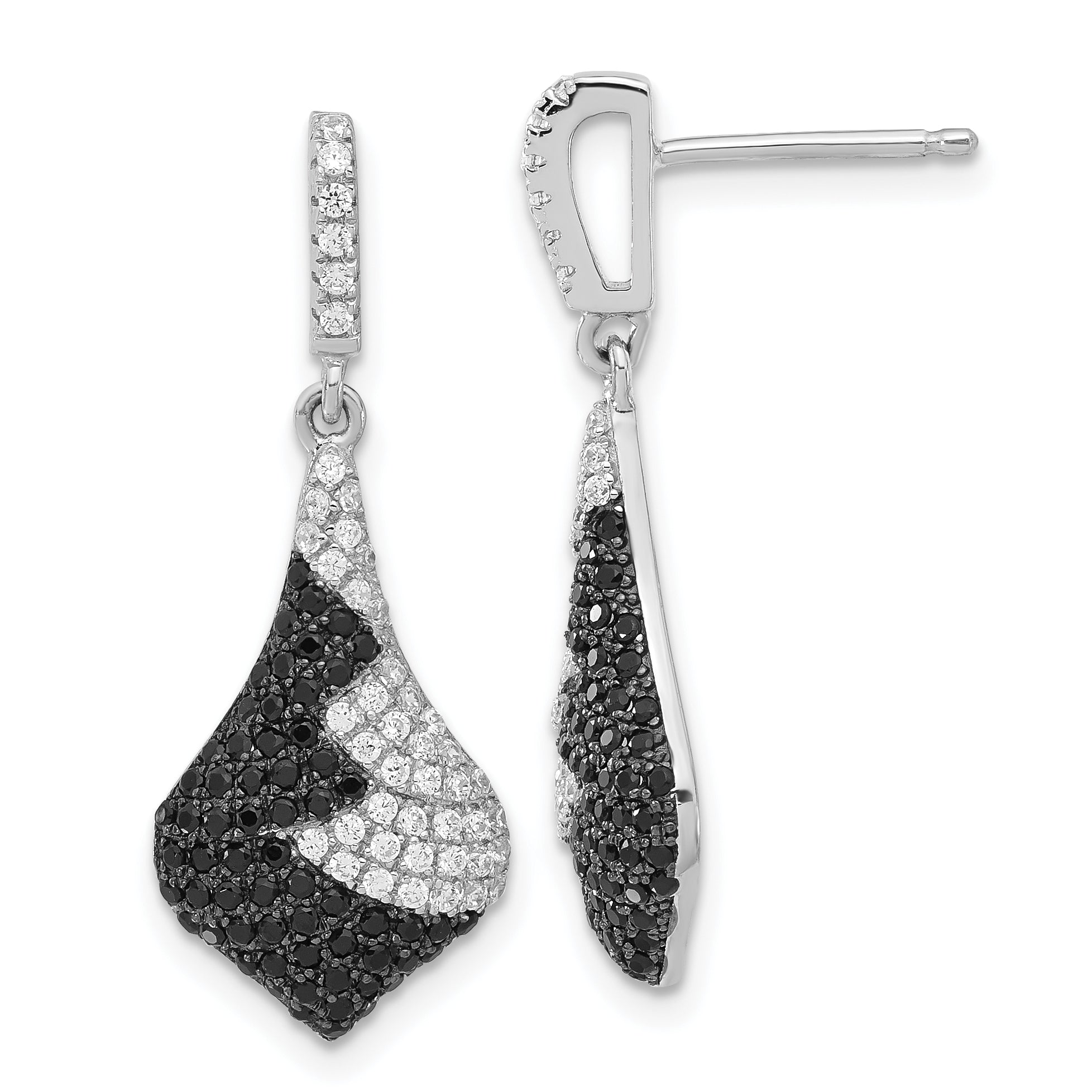 Sterling Silver True Fire Black & White CZ Dangle Post Earrings