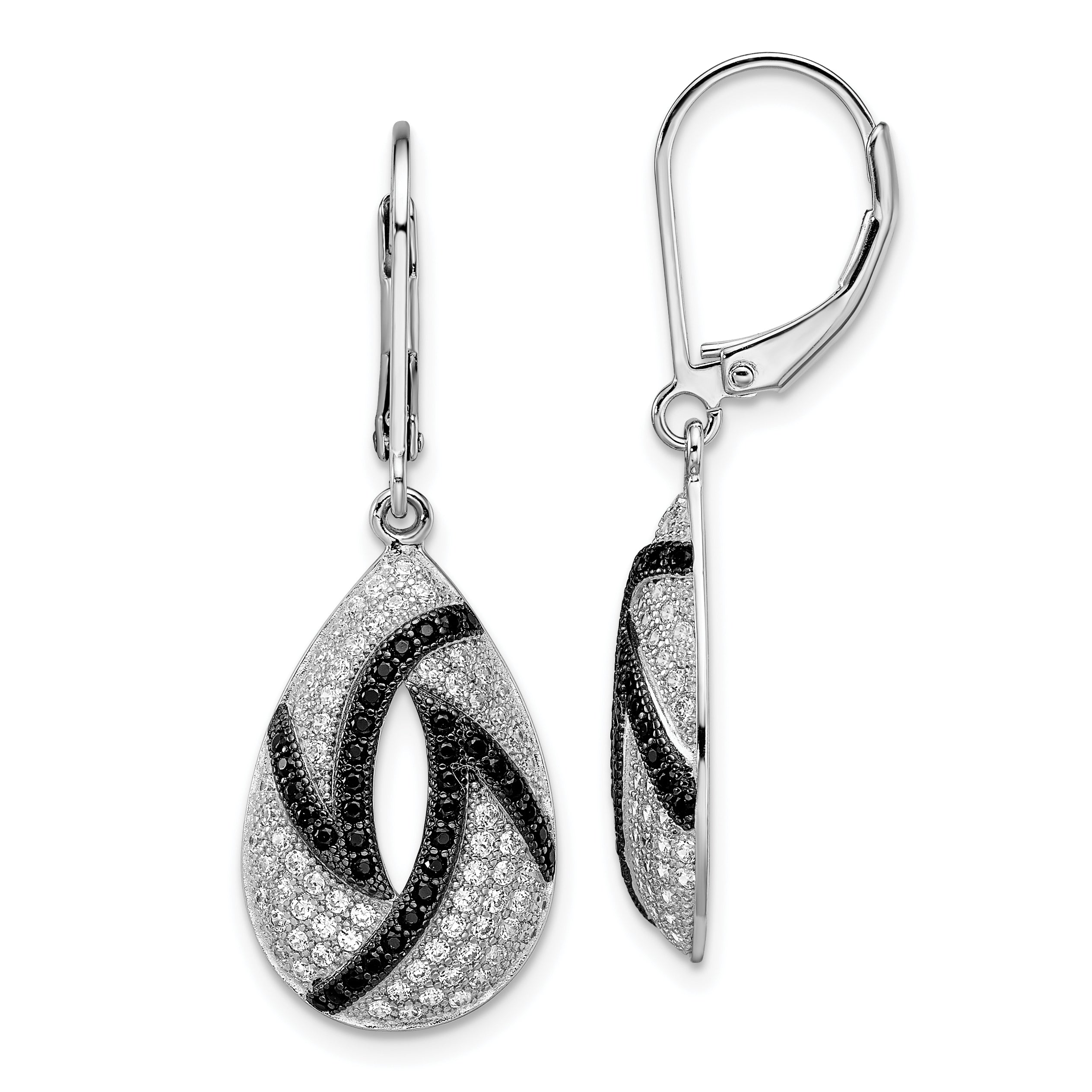 Brilliant Embers Sterling Silver Rhodium-plated 198 Micro Pav‚ Black and White CZ Teardrop Leverback Earrings