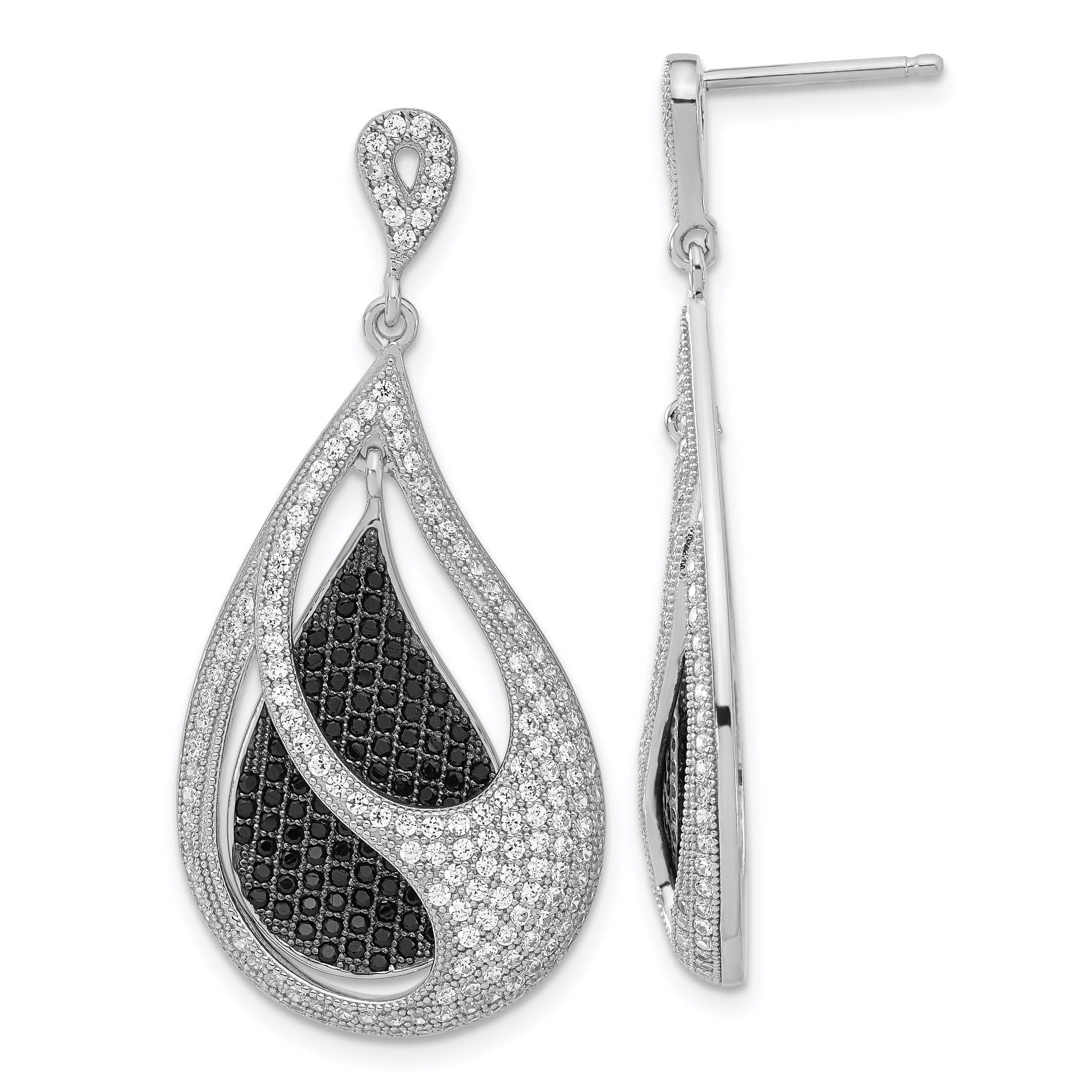 Ture Fire Sterling Silver Black and Clear CZ Teardrop Post Dangle Earrings