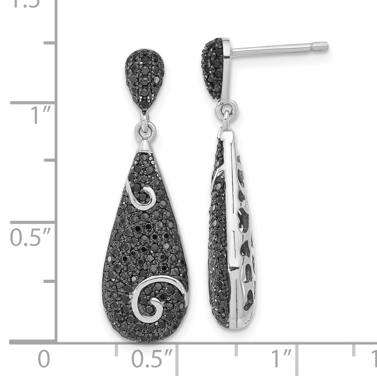 Sterling Silver Black CZ Teardrop Dangle Earrings with Polished Swirl Accents