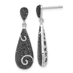 True Fire Sterling Silver Swirl Accent Black CZ Teardrop Post Dangle Earrings