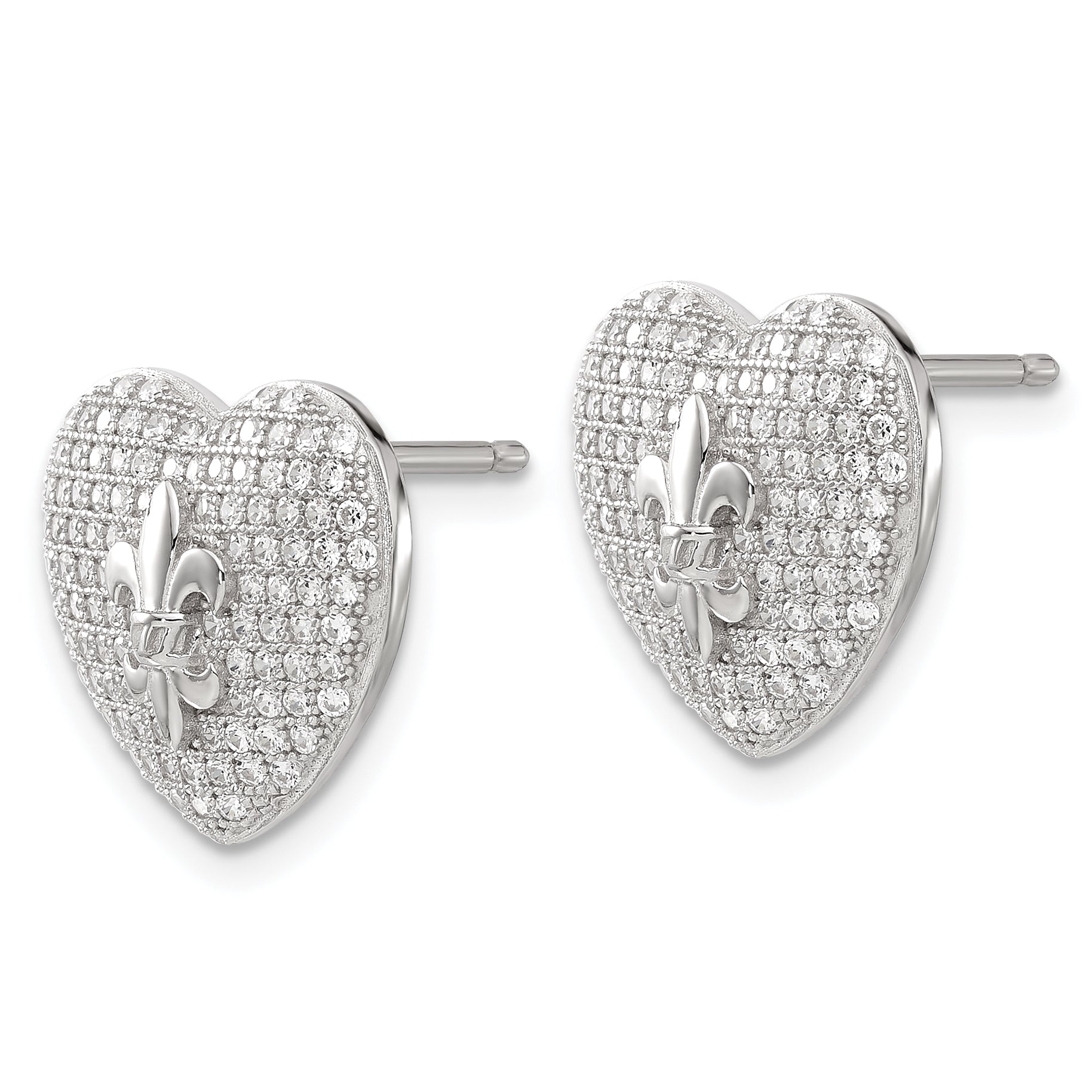 Sterling Silver CZ Heart Fleur De Lis Post Earrings