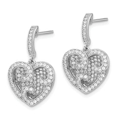 Elegant Sterling Silver CZ Heart Drop Earrings with Rhodium Polish