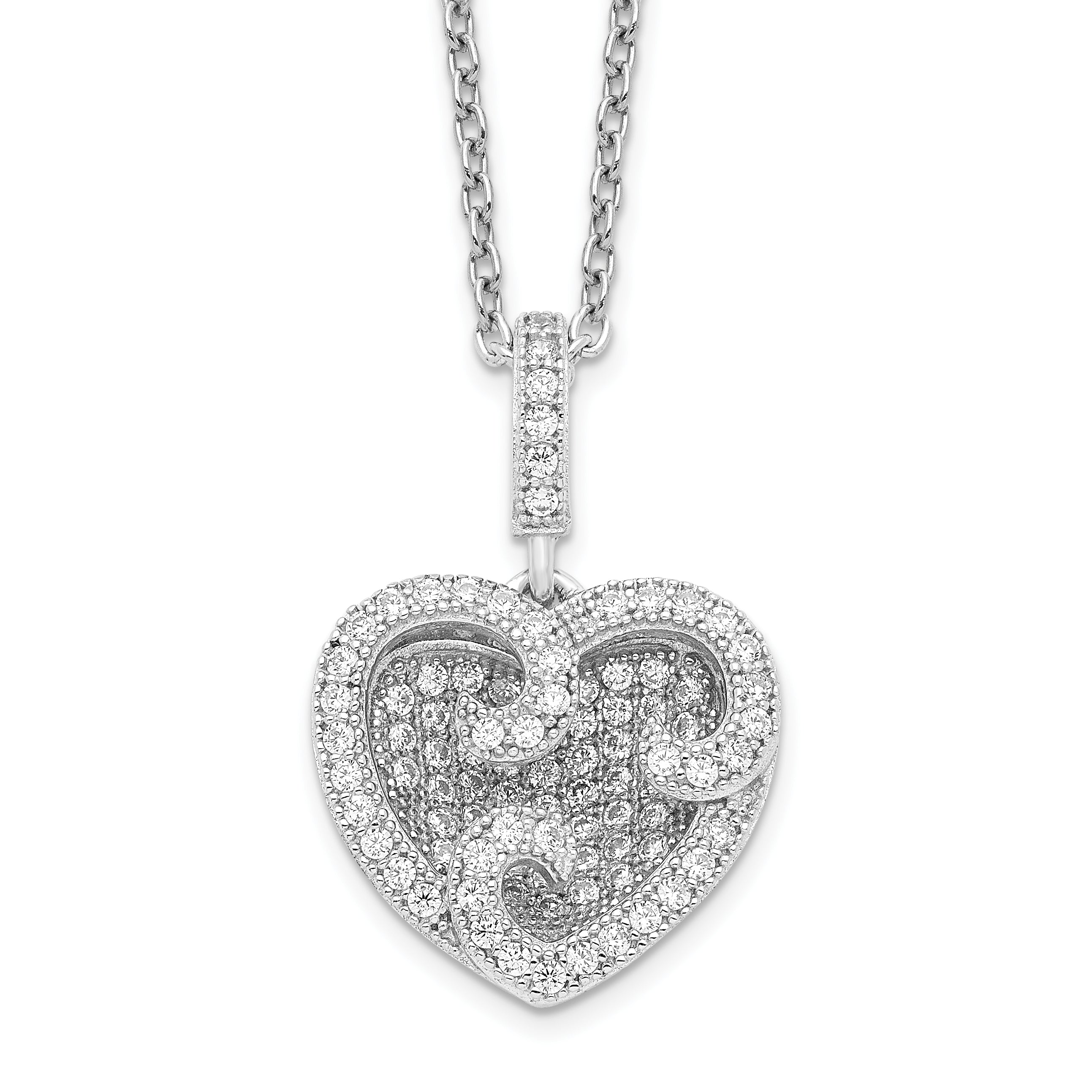 Brilliant Embers Sterling Silver Rhodium-plated 100 Stone 18 inch Micro Pav‚ CZ Polished Heart Necklace with 2 Inch Extender