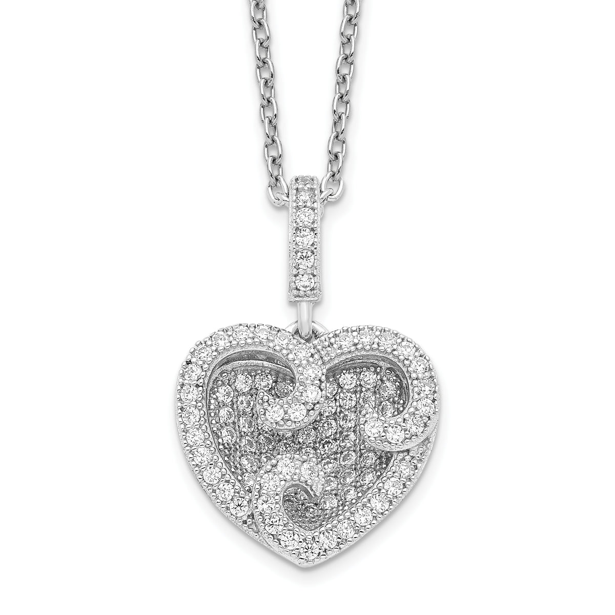 Brilliant Embers Sterling Silver Rhodium-plated 100 Stone 18 inch Micro Pav‚ CZ Polished Heart Necklace with 2 Inch Extender