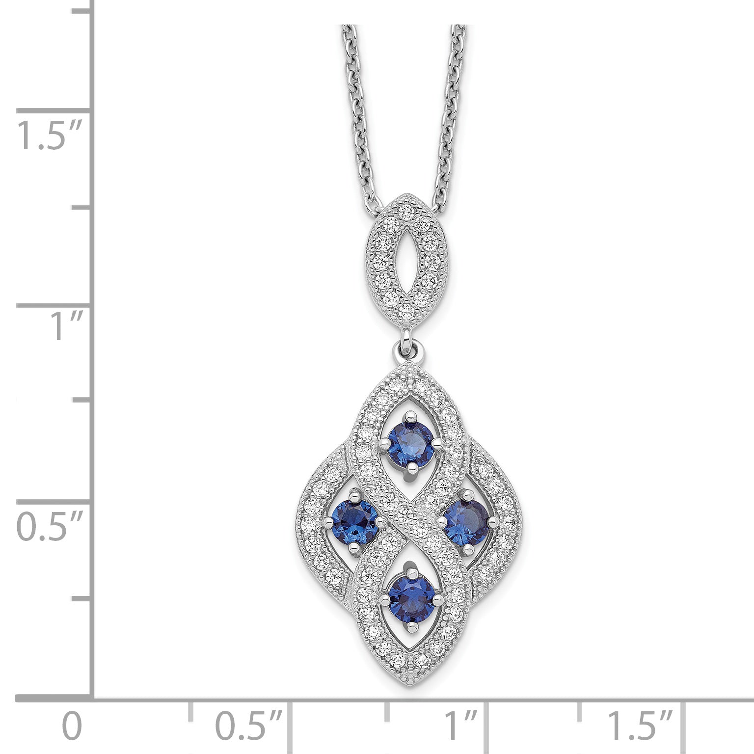 Brilliant Embers Sterling Silver Rhodium-Plated 64 Stone 18 inch Blue and White CZ Vintage Style Dangle Necklace with 2 Inch Extender