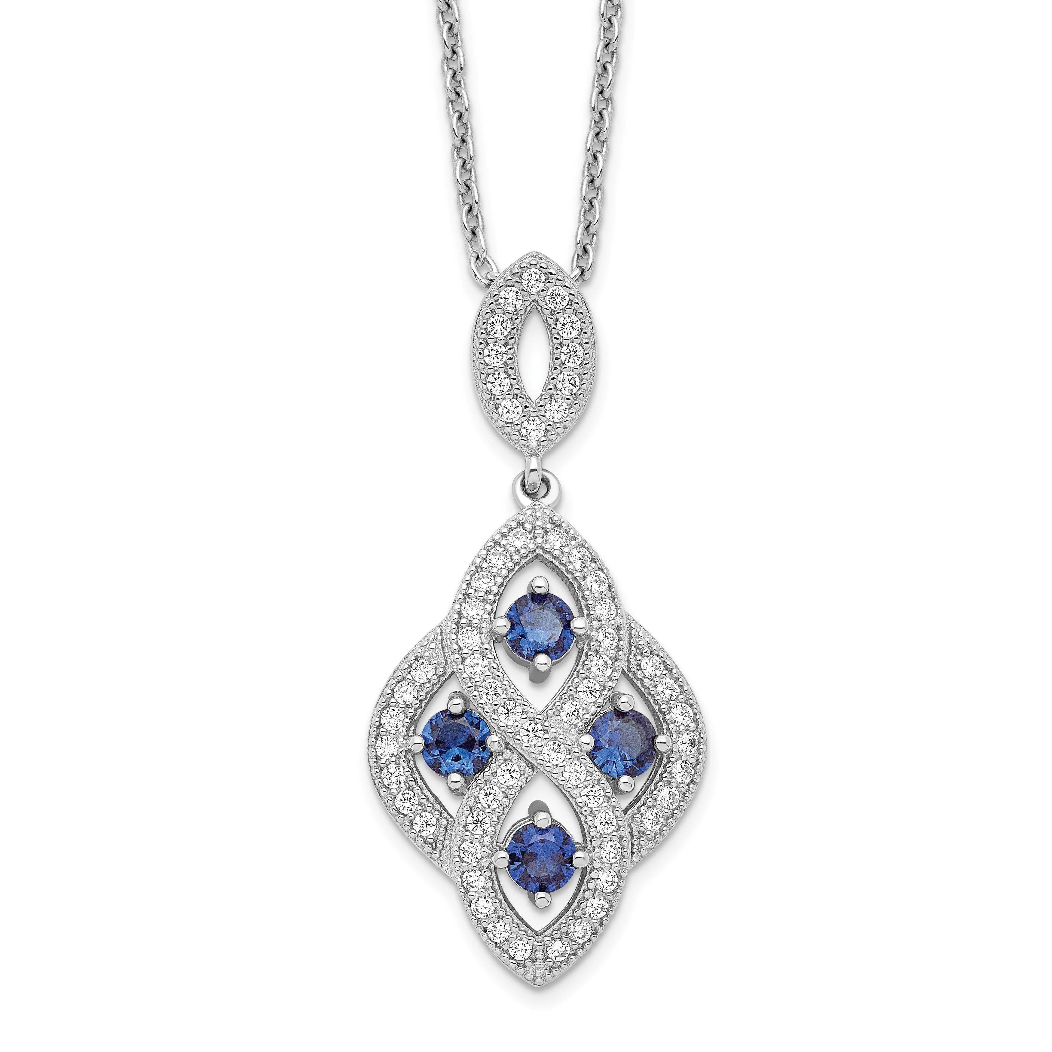 Brilliant Embers Sterling Silver Rhodium-Plated 64 Stone 18 inch Blue and White CZ Vintage Style Dangle Necklace with 2 Inch Extender