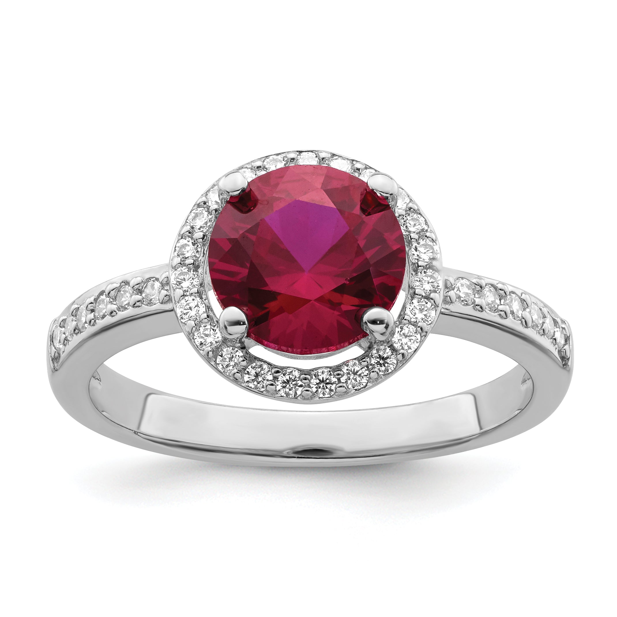 Brilliant Embers Sterling Silver Rhodium-plated 35 Stone Red Corundum and CZ Halo Ring